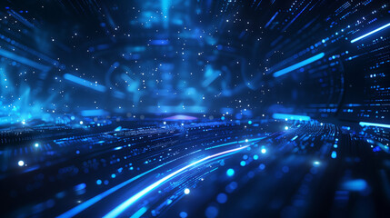 Futuristic digital wave of blue particles in a dynamic data stream，Blue technological rays, lines