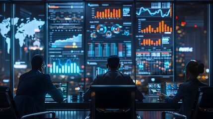 Corporate Business Strategy Meeting Reviewing Investment Portfolio and Profit Projections on Digital Screens