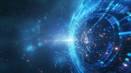 Obraz premium Futuristic digital wave of blue particles in a dynamic data stream，Blue technological rays, lines