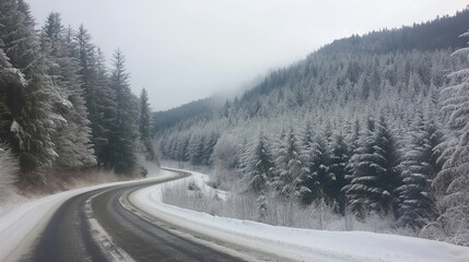 Obraz premium Tranquil winter wonderland mountain pass with snow-covered pine trees and a curving road in a serene and scenic snowy landscape