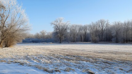 Snow-covered meadow with frost-kissed grass and bare trees against a clear morning sky