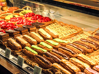 Eclairs in a window display in Paris