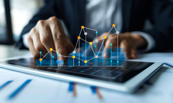 Business strategy: Cost & quality control professional analyzing digital tablet data, growth graphs, effective project management for cost reduction