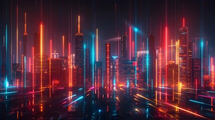 Dazzling Neon-Infused Cityscapes:Futuristic Visions in Luminous Color Gradients and Shimmering Digital Motifs