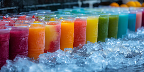 A row of colorful smoothies in clear plastic cups on ice, showcasing red, orange, green, and blue colors. Ideal for promoting healthy beverages, drink for hot summer day