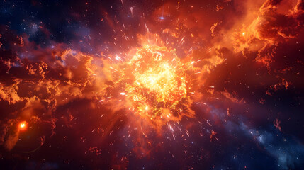 Naklejka premium Dramatic Supernova Explosion with Fiery Plasma Eruptions and Cosmic Turbulence in a Striking Chiaroscuro Nighttime Observatory Setting