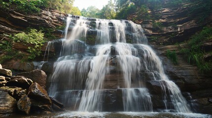 Obraz premium Discover the untouched natural beauty of a majestic waterfall oasis surrounded by cascading water. Rocky cliffs. Lush vegetation. And serene wilderness landscape. Perfect for eco-tourism. Exploration