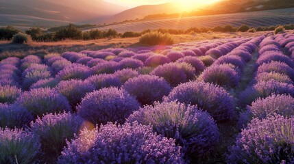 Tranquil and serene sunset over vibrant lavender fields in the scenic countryside, capturing the...