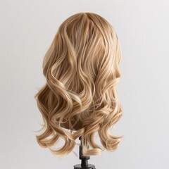 Fototapeta premium A high-resolution image of a blonde wig made of real hair, placed on a wig stand against a white background
