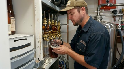 A homebrewer carefully inspecting the fermentation process in his home brewery setup