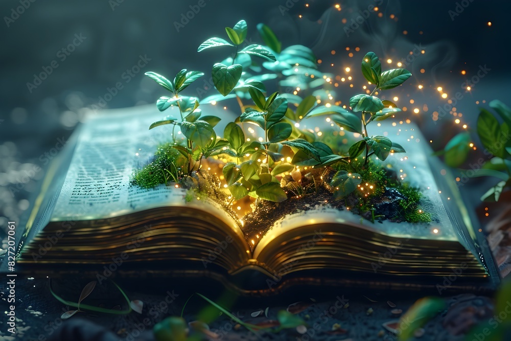 Canvas Prints Enchanted Holographic Garden Emerging from Mystical Open Book in Cinematic Night Scene