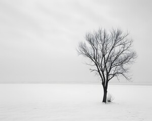 A minimalist composition of an isolated tree in the middle of a snowy field