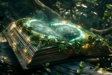Enchanted Grimoire's Holographic Display of an Otherworldly Garden Illuminated by Crescent Moon
