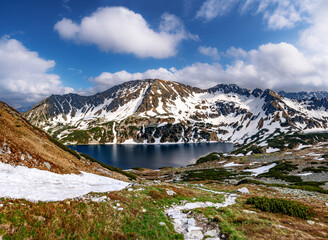 Snowy mountain lake