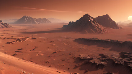 Naklejka premium Landscape on Mars with mountains during sunset or sunrise, Generative AI