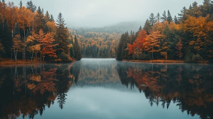 Serene lake reflects the vibrant colors of surrounding autumn foliage on a misty day
