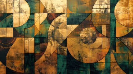 Abstract geometric painting with green, gold and beige shapes, modern art, modern design
