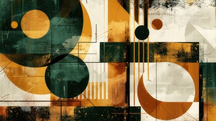 Abstract geometric painting with green, gold and white shapes, modern art, modern design