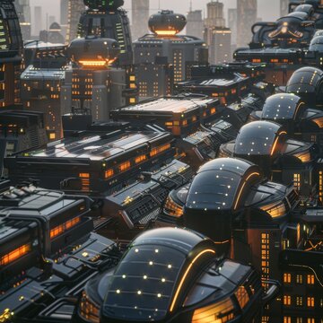 Solar panels on rooftops in a futuristic cityscape, Renewable Energy, 3D Render