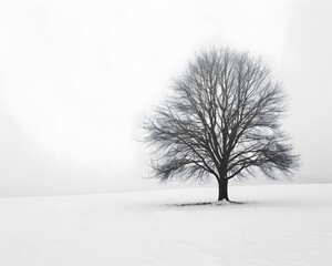Fototapeta premium A minimalist composition of an isolated tree in the middle of a snowy field