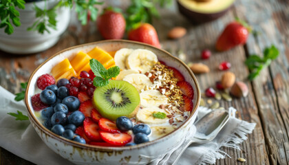 Healthy breakfast bowl with fresh fruits and nuts on a wooden table, natural light, minimalist setting, realistic photography, high resolution, wellness and balance