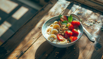 Healthy breakfast bowl with fresh fruits and nuts on a wooden table, natural light, minimalist setting, realistic photography, high resolution, wellness and balance - Powered by Adobe