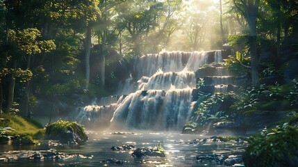 A forest with a waterfall and sunlight filtering through the trees