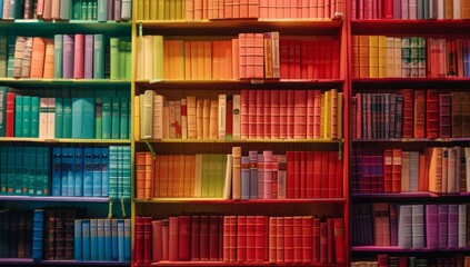 A bookshelf filled with books in a rainbow of colors.