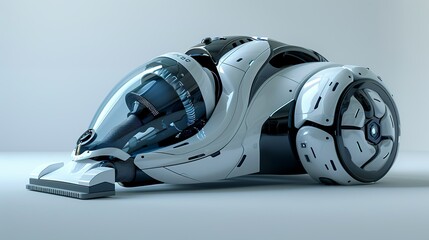 Fototapeta premium A detailed 3D model of a high-tech vacuum cleaner, showcasing its futuristic design and advanced features, placed on a simple, light-colored background for contrast.