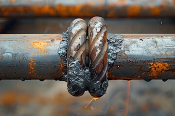 A close up of a rusty metal pipe with a welded joint.