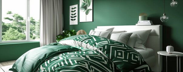A sleek luxury bedroom with walls in a rich forest green, featuring a minimalist bed with a white lacquered frame. Forest green