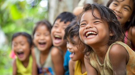 Fototapeta premium A group of asian children laughing and playing together in an outdoor setting.