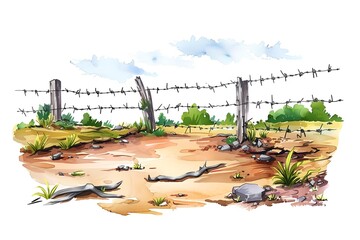 Barbed wire fence on grass field, landscape watercolor style. Border of closed farming and agriculture. Habitat fragmentation and loss of wildlife corridors