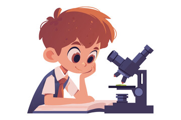 Child with microscope and flask in laboratory, boy study chemistry science. Experiment and research process on school lesson. Chemistry flasks and cognitive curiosity. Flat vector illustration