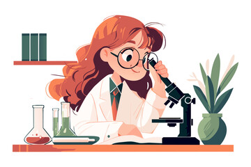 Child with microscope and flask in laboratory, girl study chemistry science. Experiment and research process on school lesson. Chemistry flasks and cognitive curiosity. Flat vector illustration