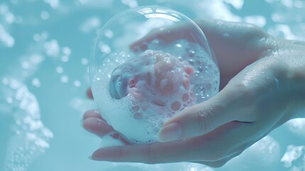 Fototapeta premium Mother holding tiny baby inside soap bubble, protection, fragility, care concept