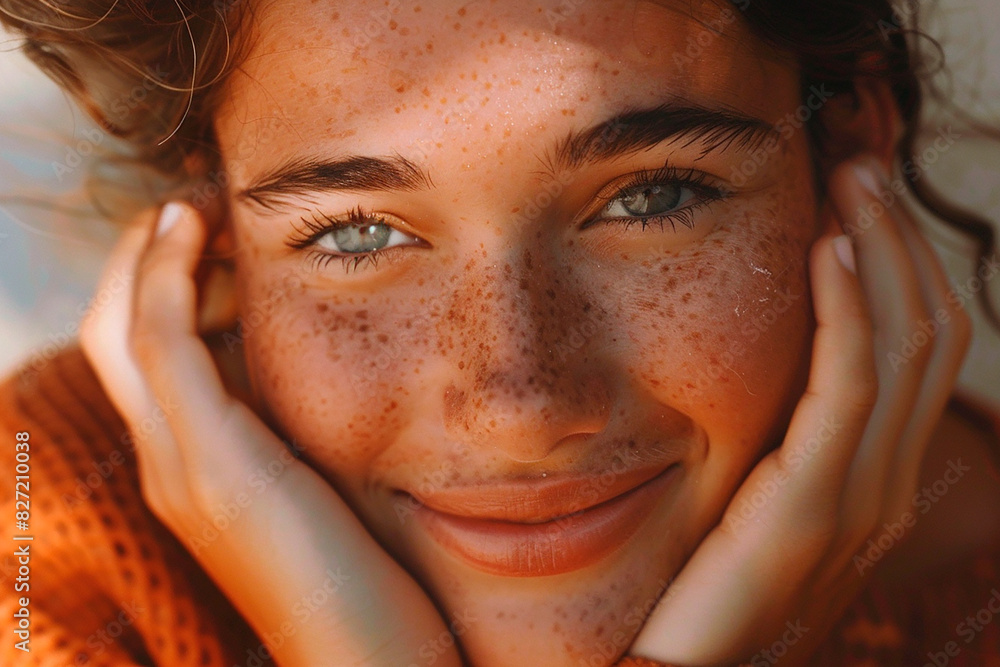 Wall mural A woman with blue eyes and red hair is smiling and has a mole on her nose