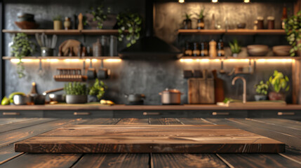 An empty wooden board on a kitchen table, with a blurred background of a modern interior design and...