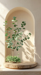 A 3d podium with green eucalyptus leaves and a geometric arch on a beige background, providing a minimalistic design for product presentation.