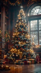 Luxurious Christmas Tree in Cozy Cottage Living Room with Dazzling Lights and Gift Boxes