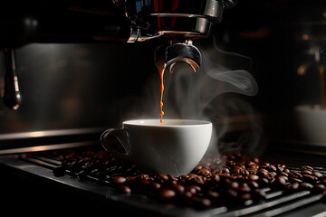 A coffee machine is pouring coffee into a white cup