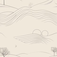 Artistic rendering of a serene landscape created using only simple line art, emphasizing the peaceful and understated beauty of minimalistic design