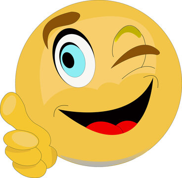 Expression de visage heureux sur &eacute;motic&ocirc;ne	avec  main et pouce lev&eacute; et clin d'oeil 