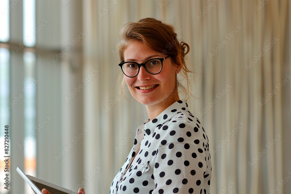 Wall mural A woman wearing glasses and a polka dot shirt is holding a tablet