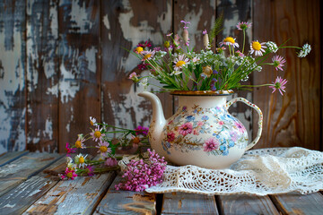 A white flower vase with a floral pattern sits on a wooden table