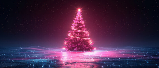 A pink neon Christmas tree glowing with bright light on a dark blue background in a vector illustration.