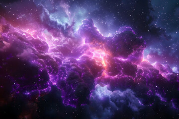 Naklejka premium Magnificent Interstellar Cloud Nebula with Radiant Stellar Nurseries and Shimmering Cosmic Landscape in Vivid Neon-Infused Palette