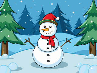 Happy snowman with a festive hat in a snowy setting. Smiling snowman dressed for the holidays in winter forest.Charming snowman with a red scarf enjoying the snow.