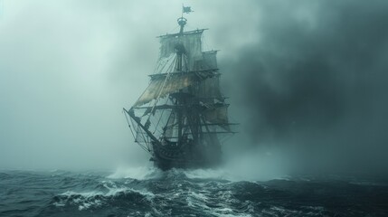 Mock-up of a blank-style pirate ship with tattered sails and a skull flag, sailing through stormy seas