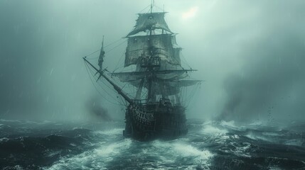 Mock-up of a blank-style pirate ship with tattered sails and a skull flag, sailing through stormy seas